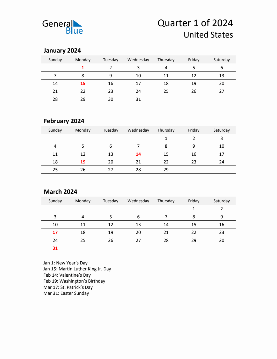 Q1 2024 Quarterly Calendar with United States Holidays (PDF, Excel, Word)