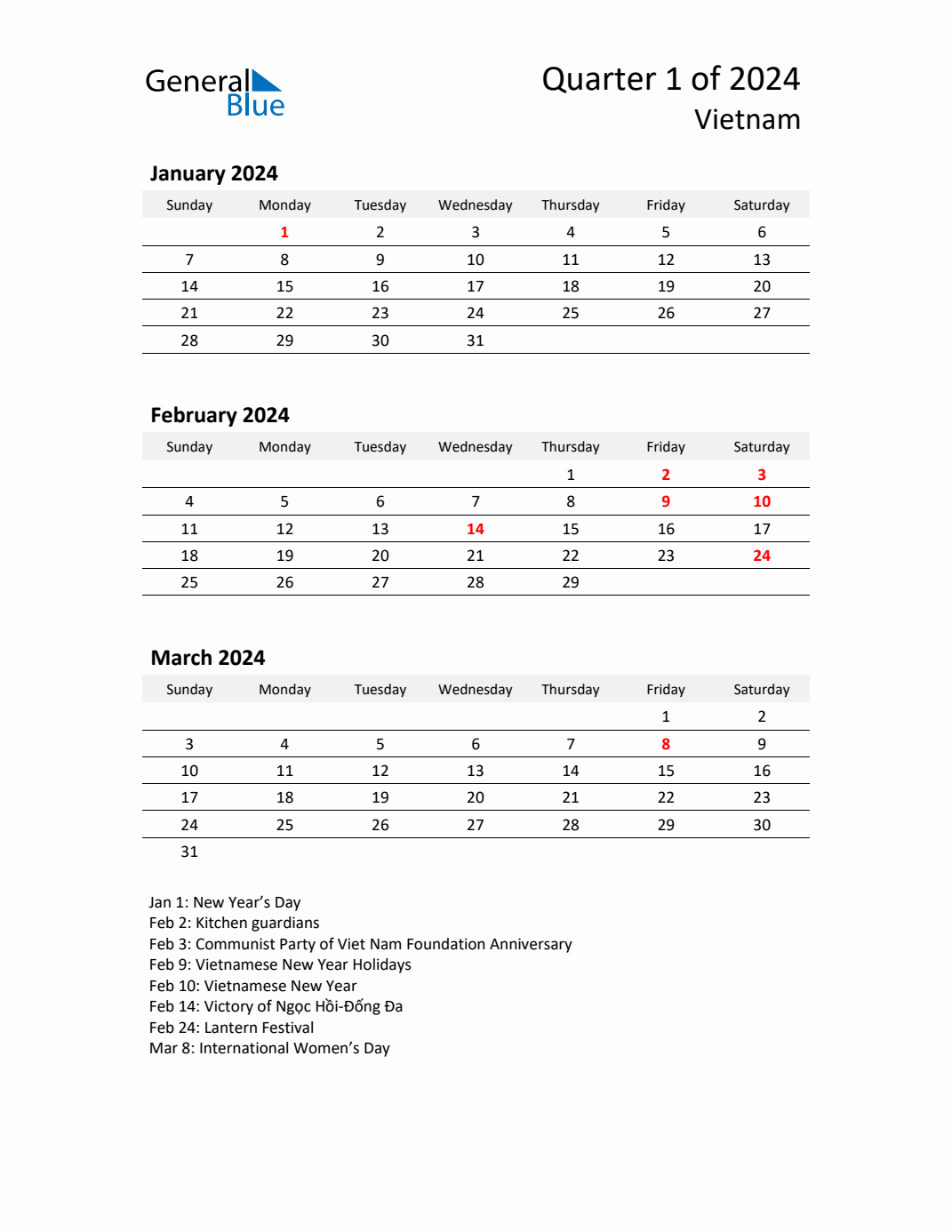 Q1 2024 Quarterly Calendar with Vietnam Holidays (PDF, Excel, Word)