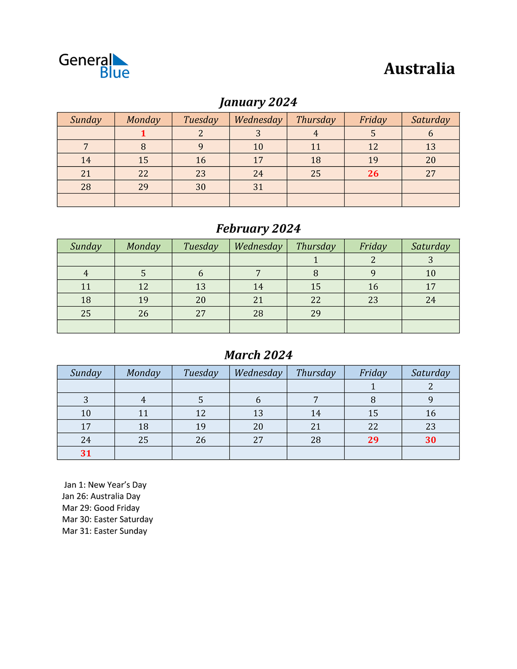 Q1 2024 Quarterly Calendar for Australia