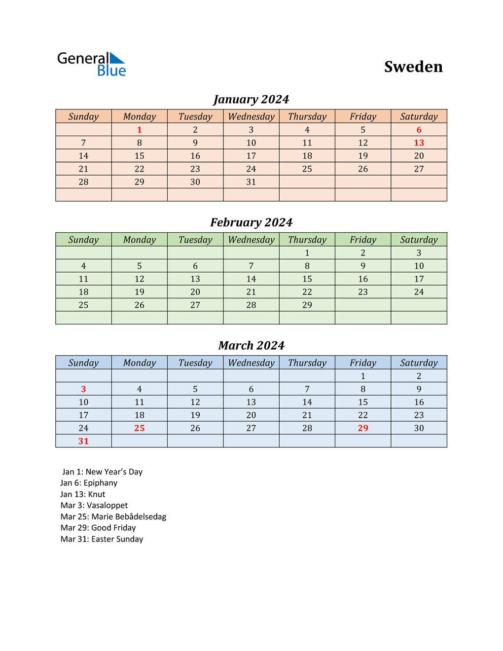 Q1 2024 Quarterly Calendar with Sweden Holidays