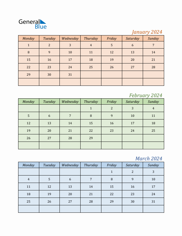 Three-Month Calendar for Year 2024 (January, February, and March)