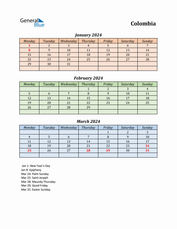 Q1 2024 Holiday Calendar - Colombia