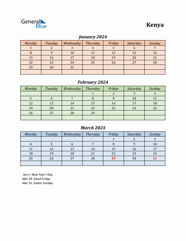 Threemonth calendar for Kenya Q1 of 2024