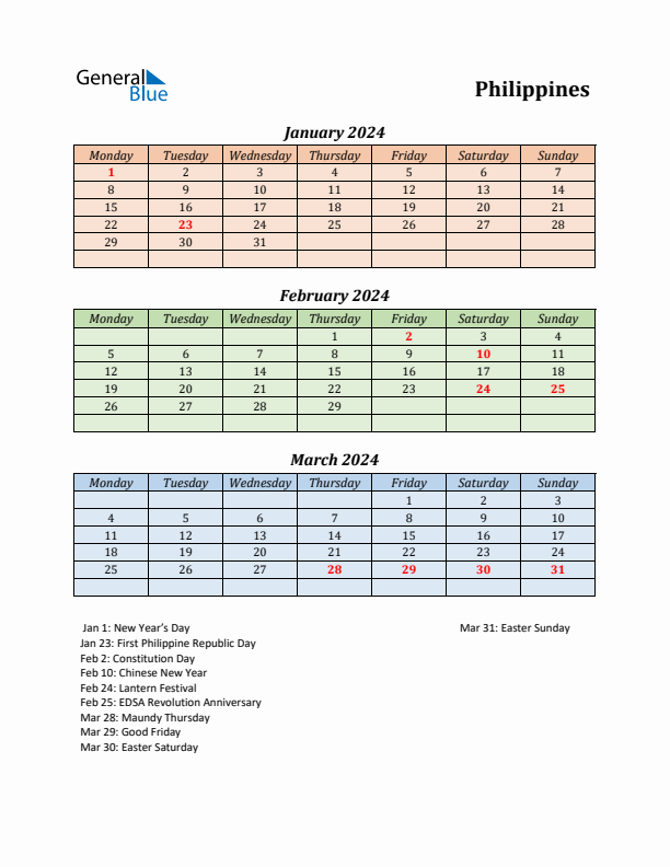 Threemonth calendar for Philippines Q1 of 2024