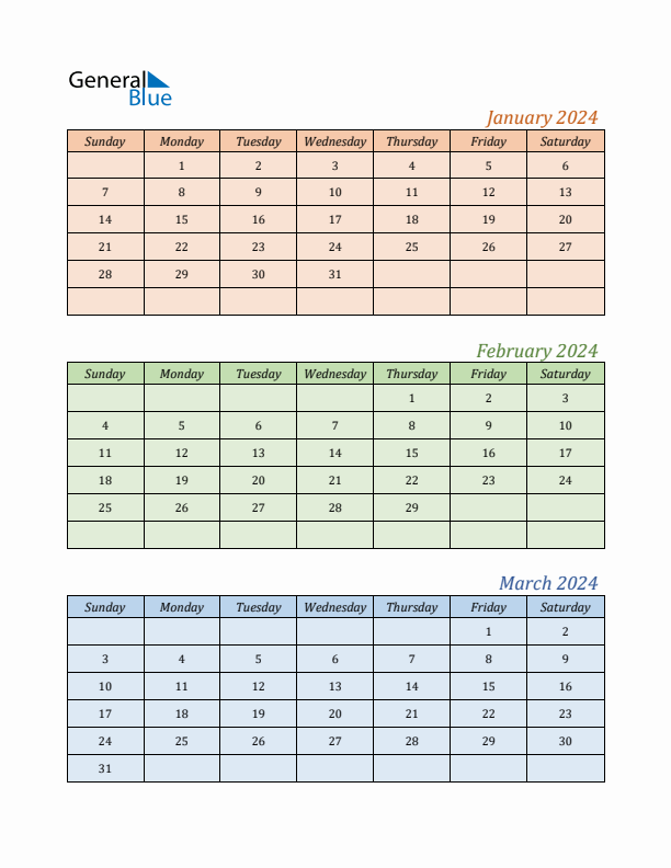 Three-Month Calendar for Year 2024 (January, February, and March)
