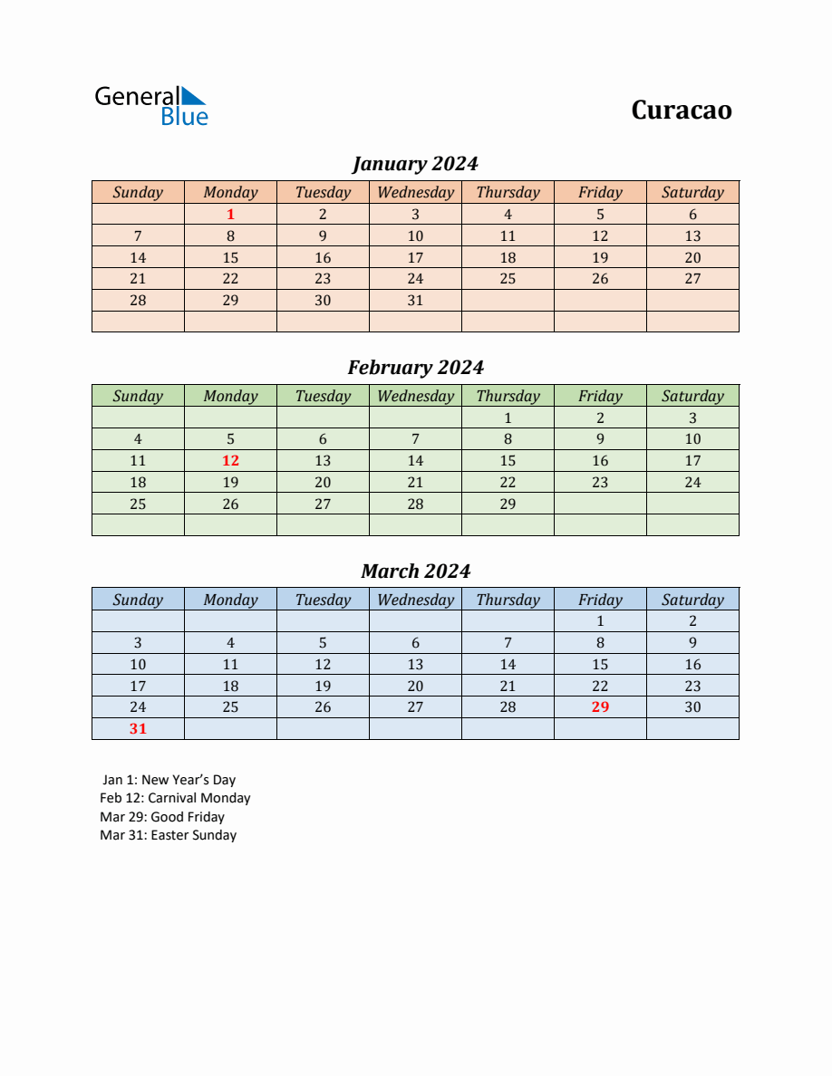 Q1 2024 Holiday Calendar Curacao
