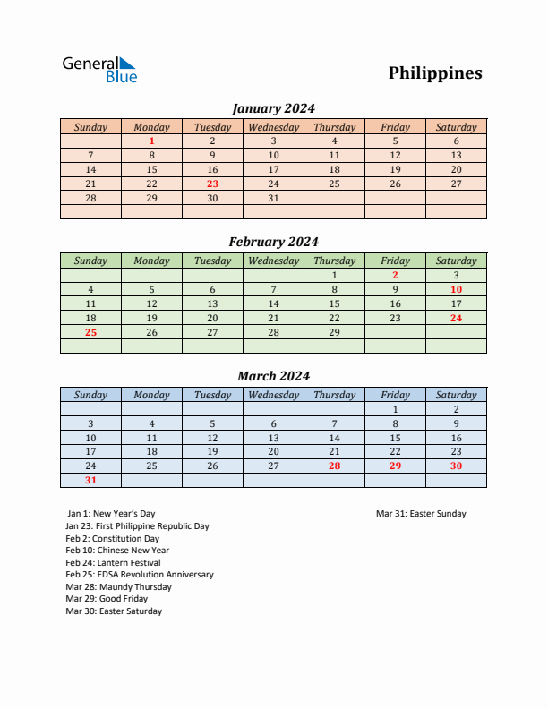 Q1 2024 Quarterly Calendar with Philippines Holidays (PDF, Excel, Word)