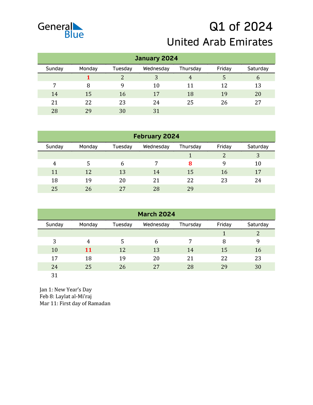  Quarterly Calendar 2024 with United Arab Emirates Holidays 
