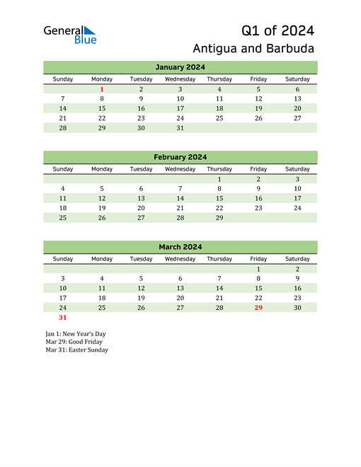  Quarterly Calendar 2024 with Antigua and Barbuda Holidays 
