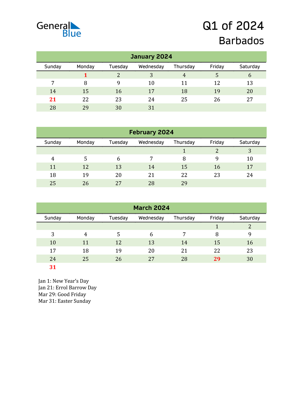  Quarterly Calendar 2024 with Barbados Holidays 