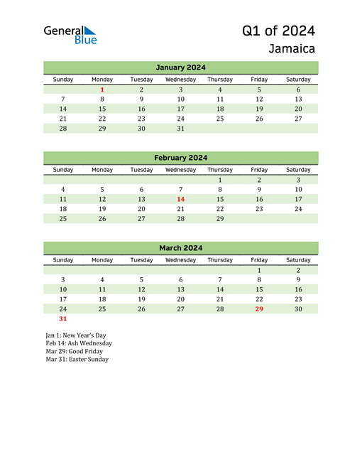 Q1 2024 Quarterly Calendar for Jamaica