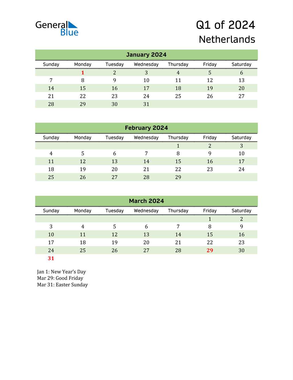  Quarterly Calendar 2024 with Netherlands Holidays 