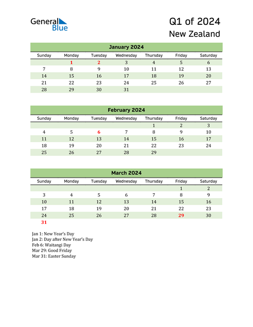  Quarterly Calendar 2024 with New Zealand Holidays 