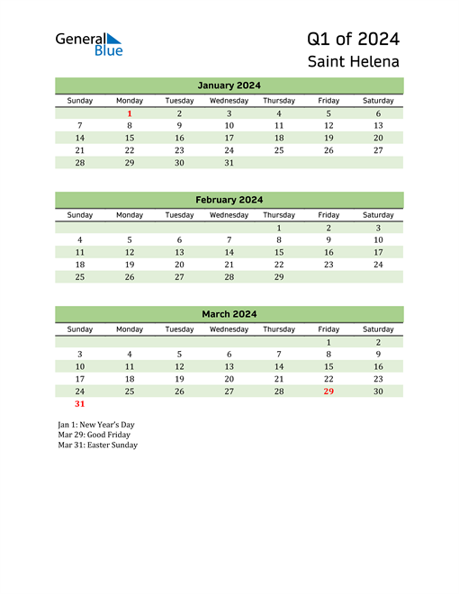  Quarterly Calendar 2024 with Saint Helena Holidays 