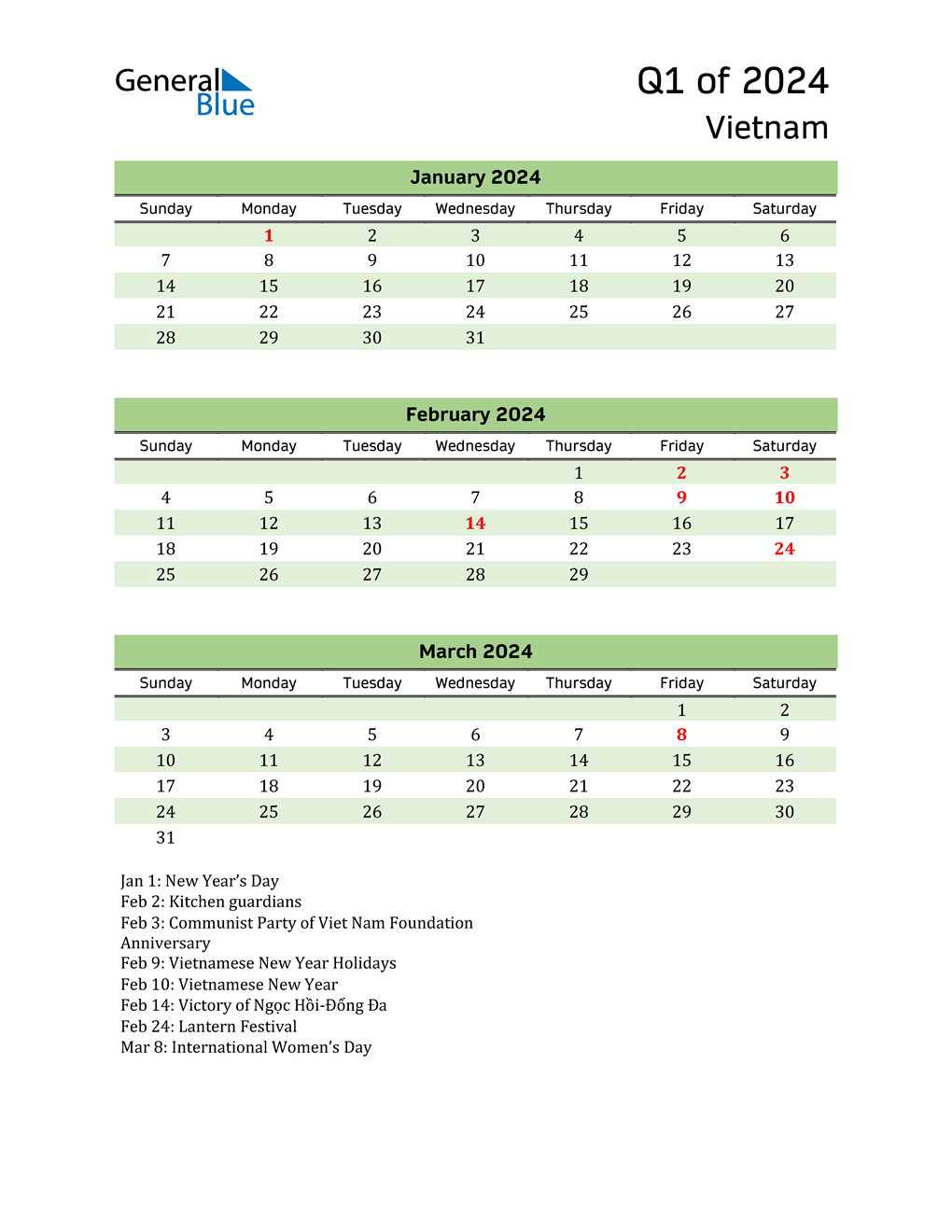 Quarterly Calendar 2024 with Vietnam Holidays 