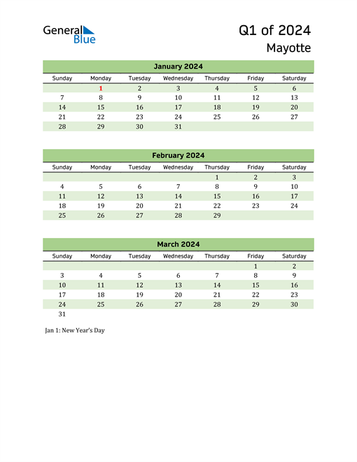 Quarterly Calendar 2024 with Mayotte Holidays 