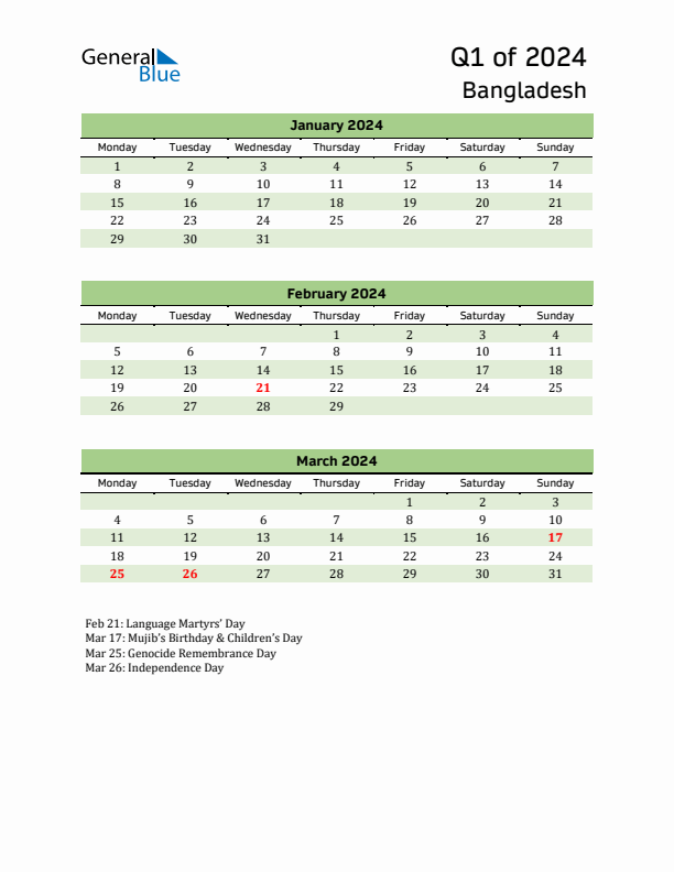 Quarterly Calendar 2024 with Bangladesh Holidays