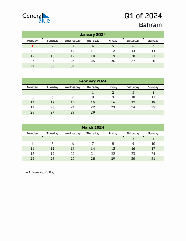Quarterly Calendar 2024 with Bahrain Holidays