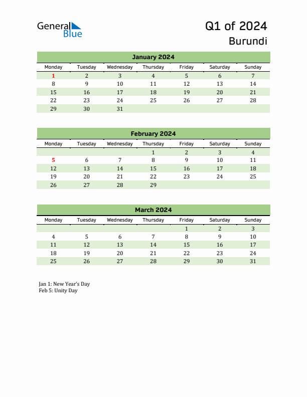 Quarterly Calendar 2024 with Burundi Holidays