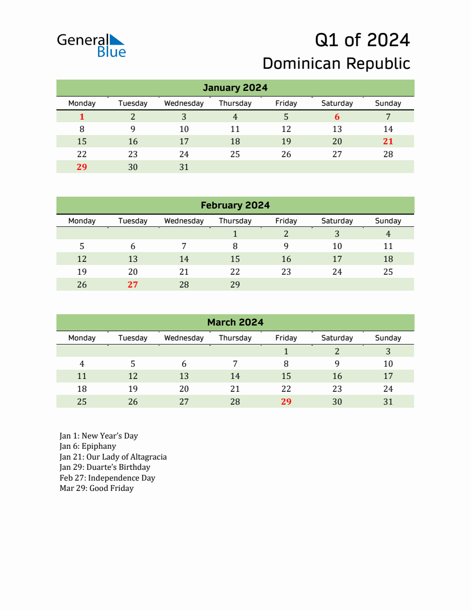 Quarterly Calendar 2024 with Dominican Republic Holidays
