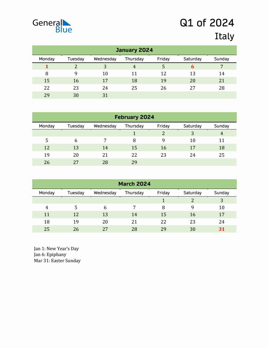 Quarterly Calendar 2024 with Italy Holidays