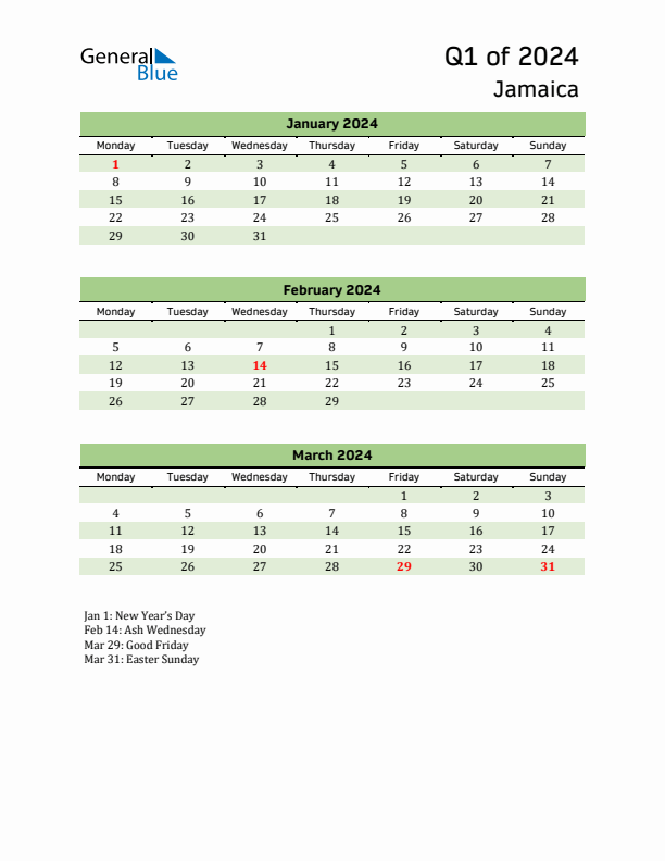 Threemonth calendar for Jamaica Q1 of 2024