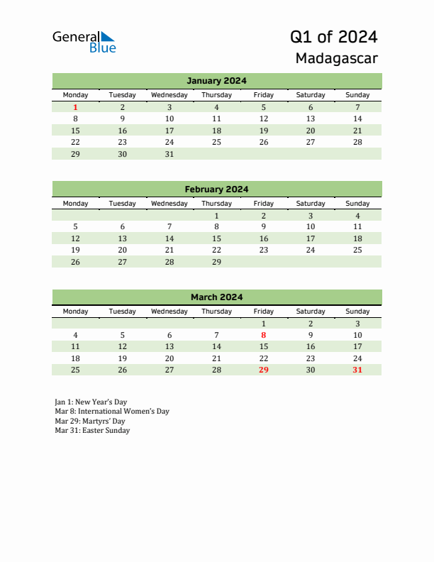 Quarterly Calendar 2024 with Madagascar Holidays