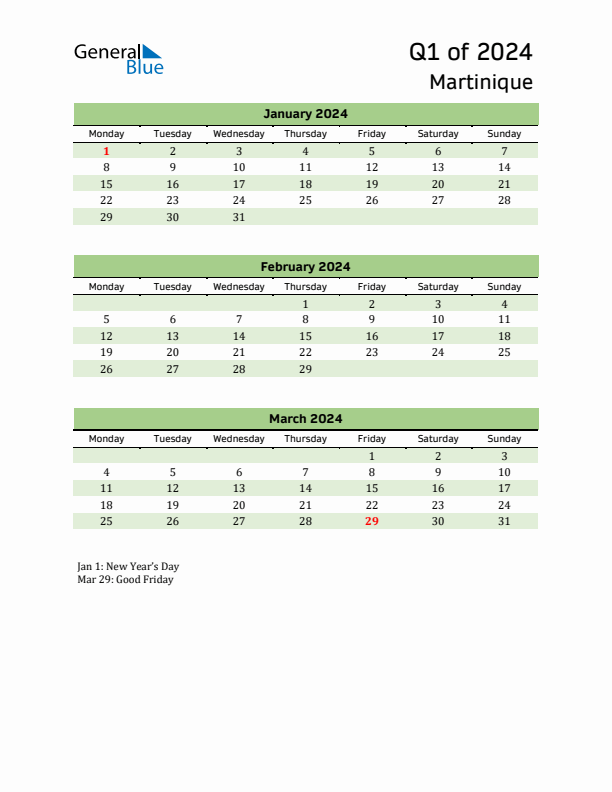 Quarterly Calendar 2024 with Martinique Holidays