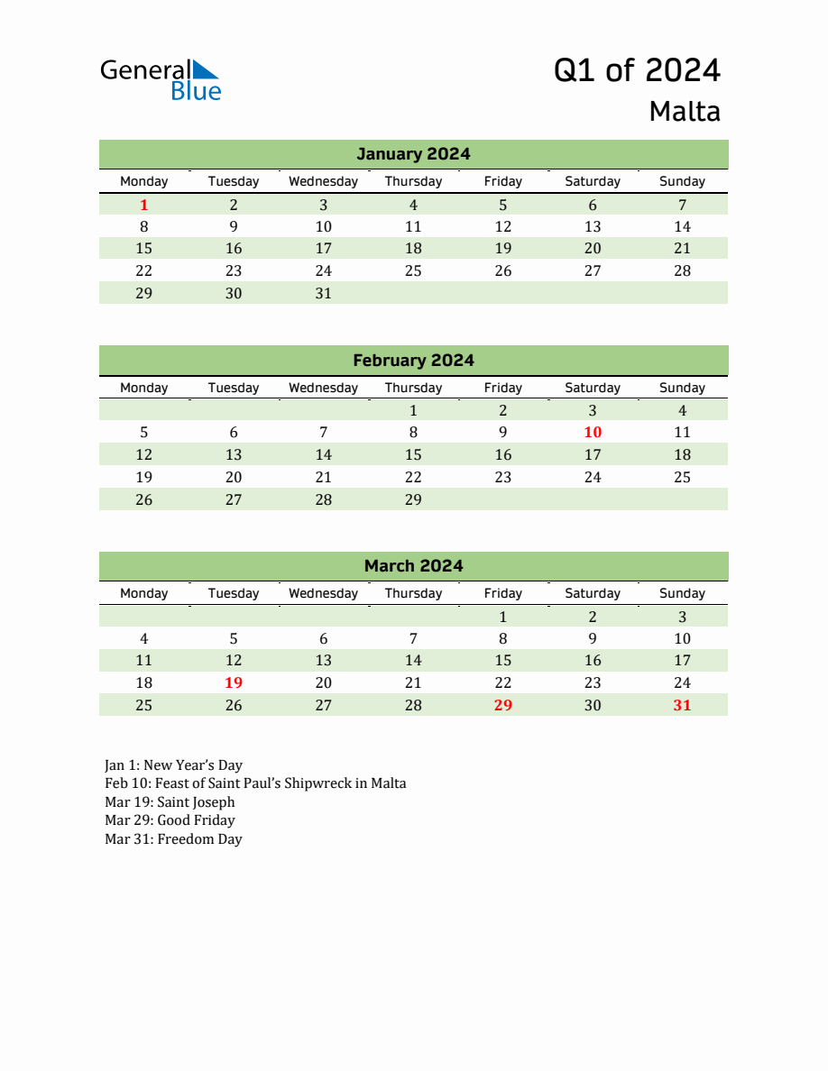 Quarterly Calendar 2024 with Malta Holidays