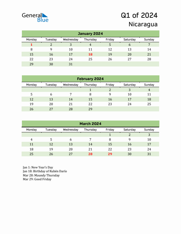 Quarterly Calendar 2024 with Nicaragua Holidays