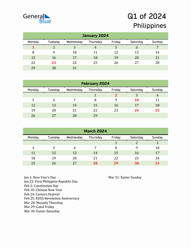 Quarterly Calendar 2024 with Philippines Holidays