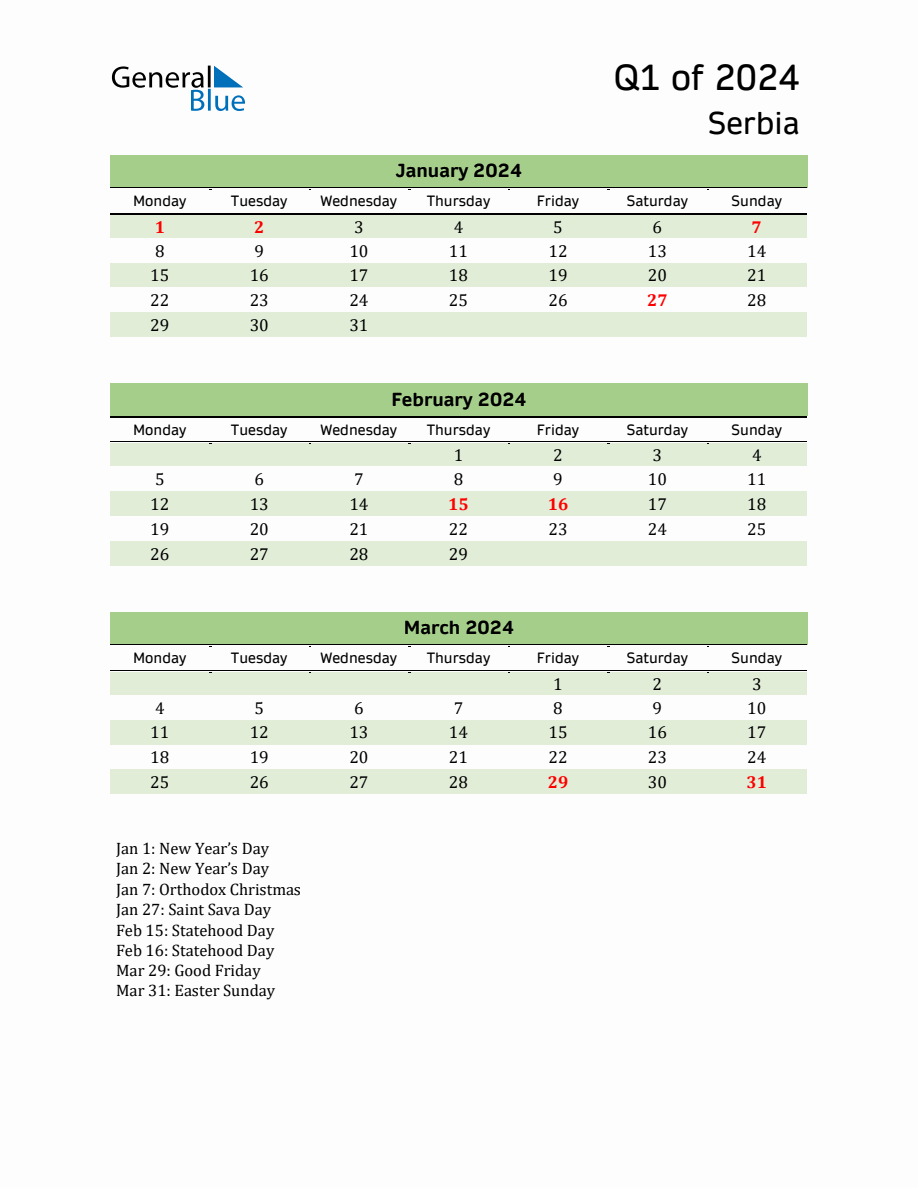 Quarterly Calendar 2024 with Serbia Holidays