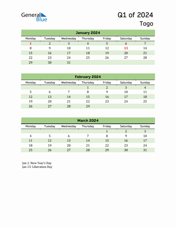 Quarterly Calendar 2024 with Togo Holidays
