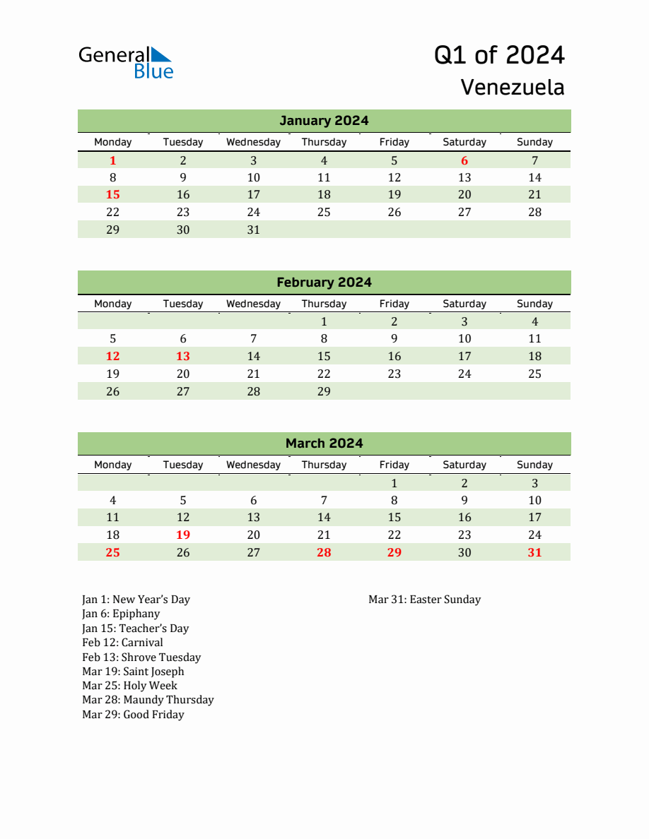Quarterly Calendar 2024 with Venezuela Holidays