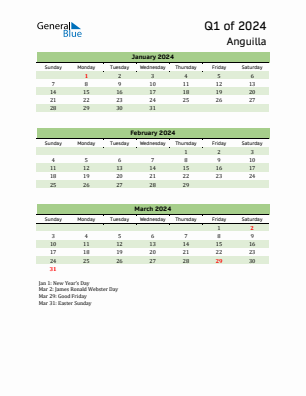 Anguilla Quarter 1  2024 calendar template