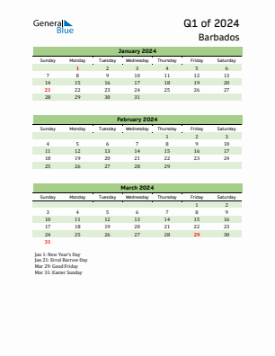 Barbados Quarter 1  2024 calendar template