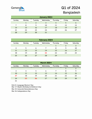 Bangladesh Quarter 1  2024 calendar template