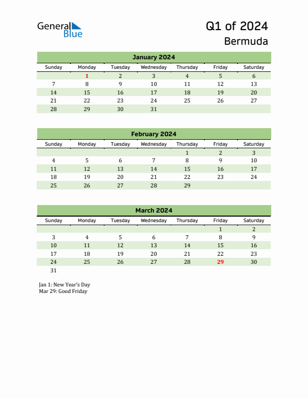Q1 2024 Quarterly Calendar with Bermuda Holidays