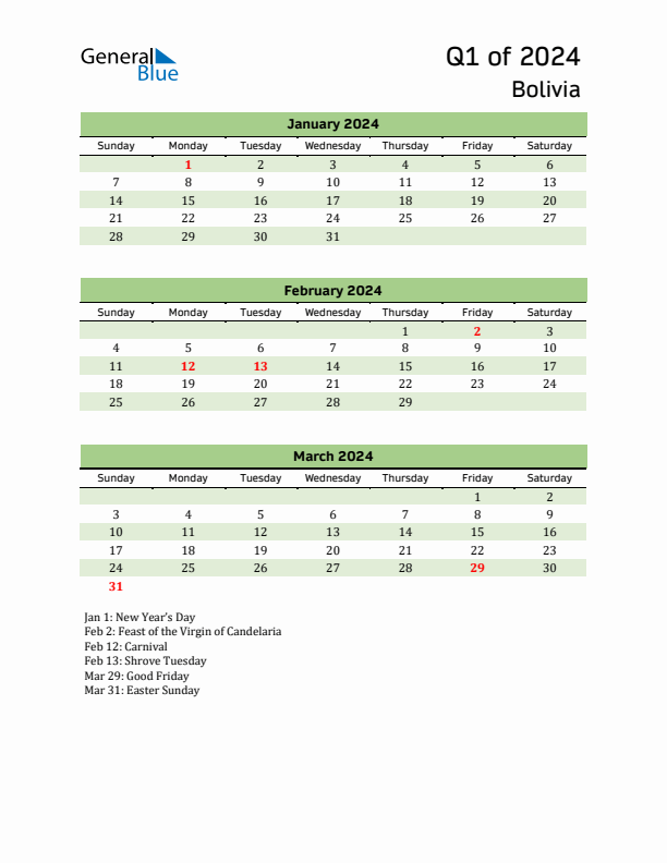 Quarterly Calendar 2024 with Bolivia Holidays