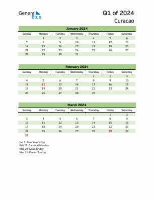 Curacao Quarter 1  2024 calendar template