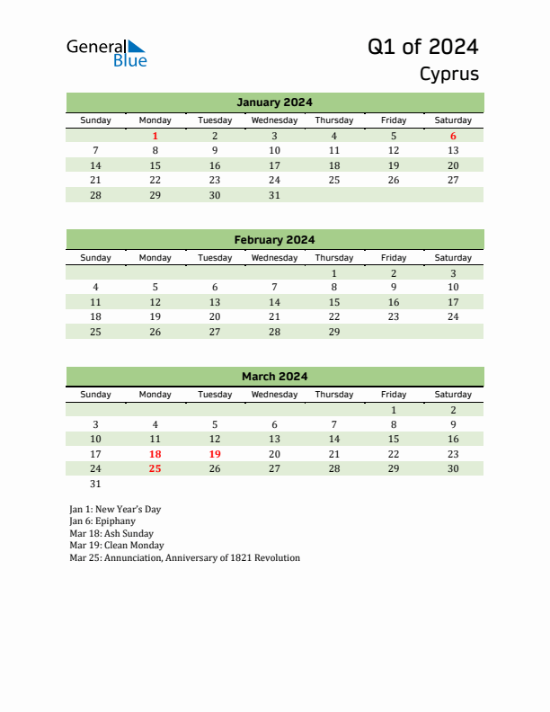 Q1 2024 Quarterly Calendar with Cyprus Holidays (PDF, Excel, Word)