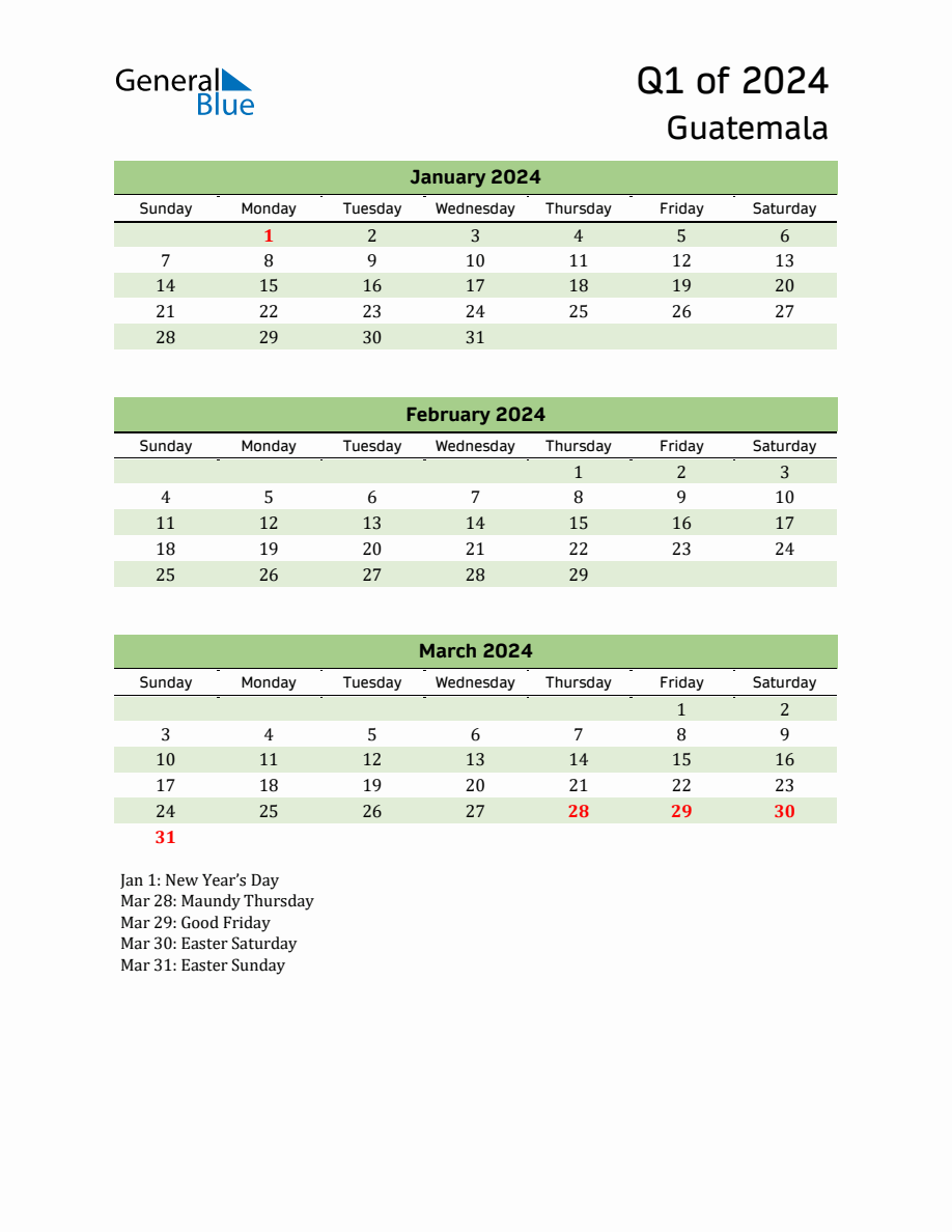 Quarterly Calendar 2024 with Guatemala Holidays