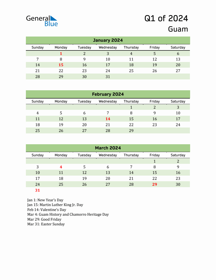 Quarterly Calendar 2024 with Guam Holidays