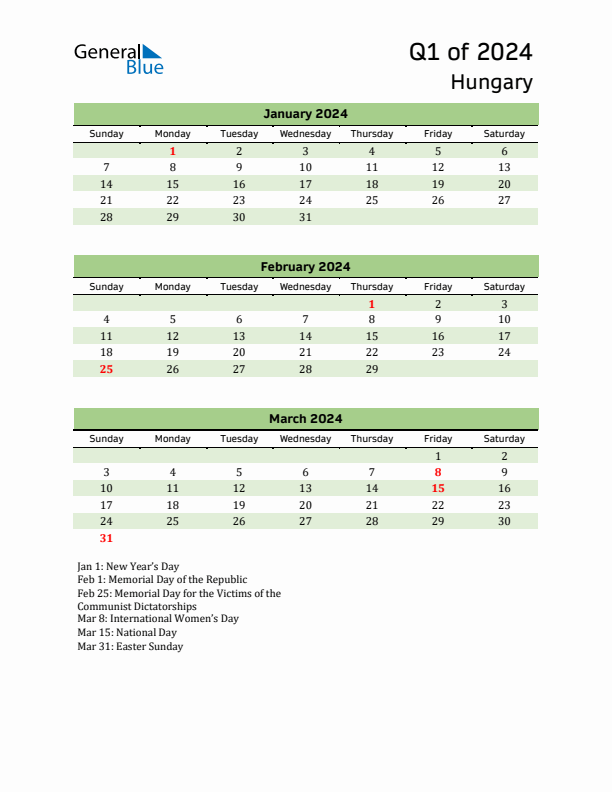 Q1 2024 Quarterly Calendar with Hungary Holidays (PDF, Excel, Word)