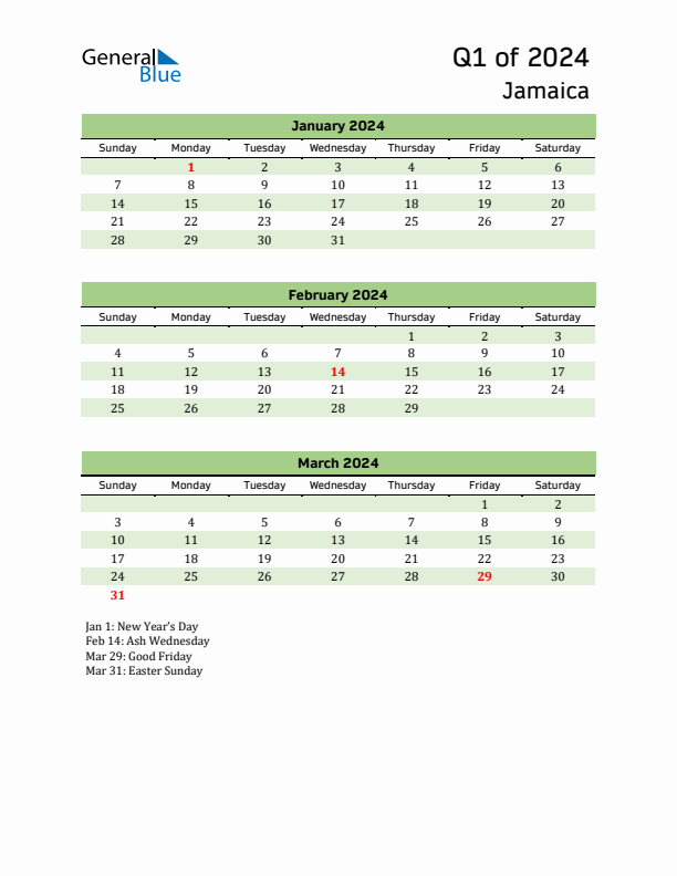Q1 2024 Quarterly Calendar with Jamaica Holidays (PDF, Excel, Word)