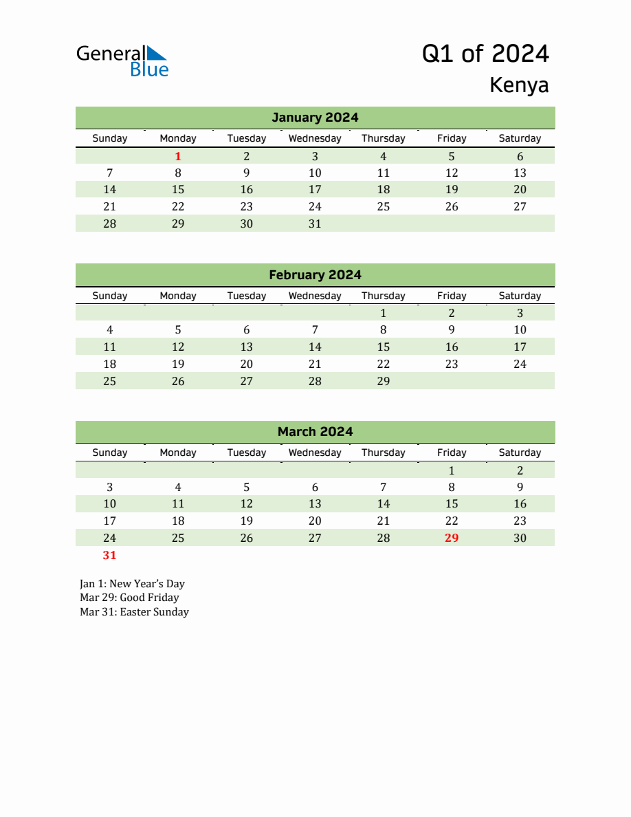 Quarterly Calendar 2024 with Kenya Holidays