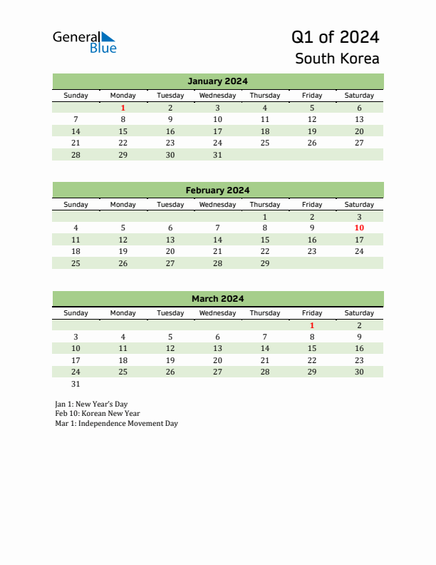 Q1 2024 Quarterly Calendar with South Korea Holidays (PDF, Excel, Word)