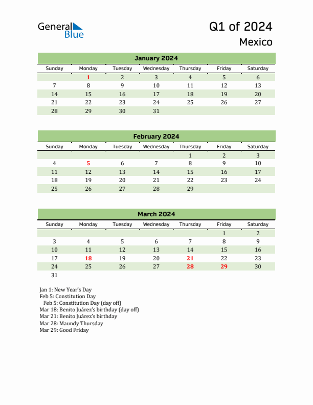 Quarterly Calendar 2024 with Mexico Holidays