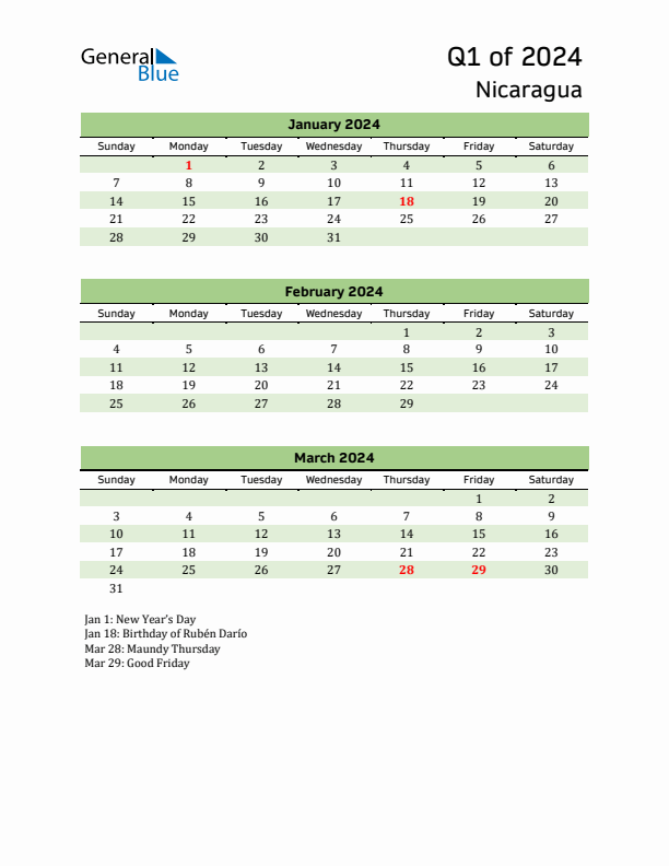 Quarterly Calendar 2024 with Nicaragua Holidays