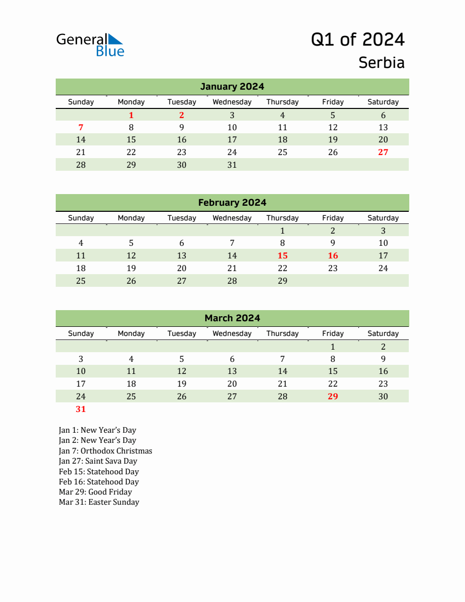 Quarterly Calendar 2024 with Serbia Holidays